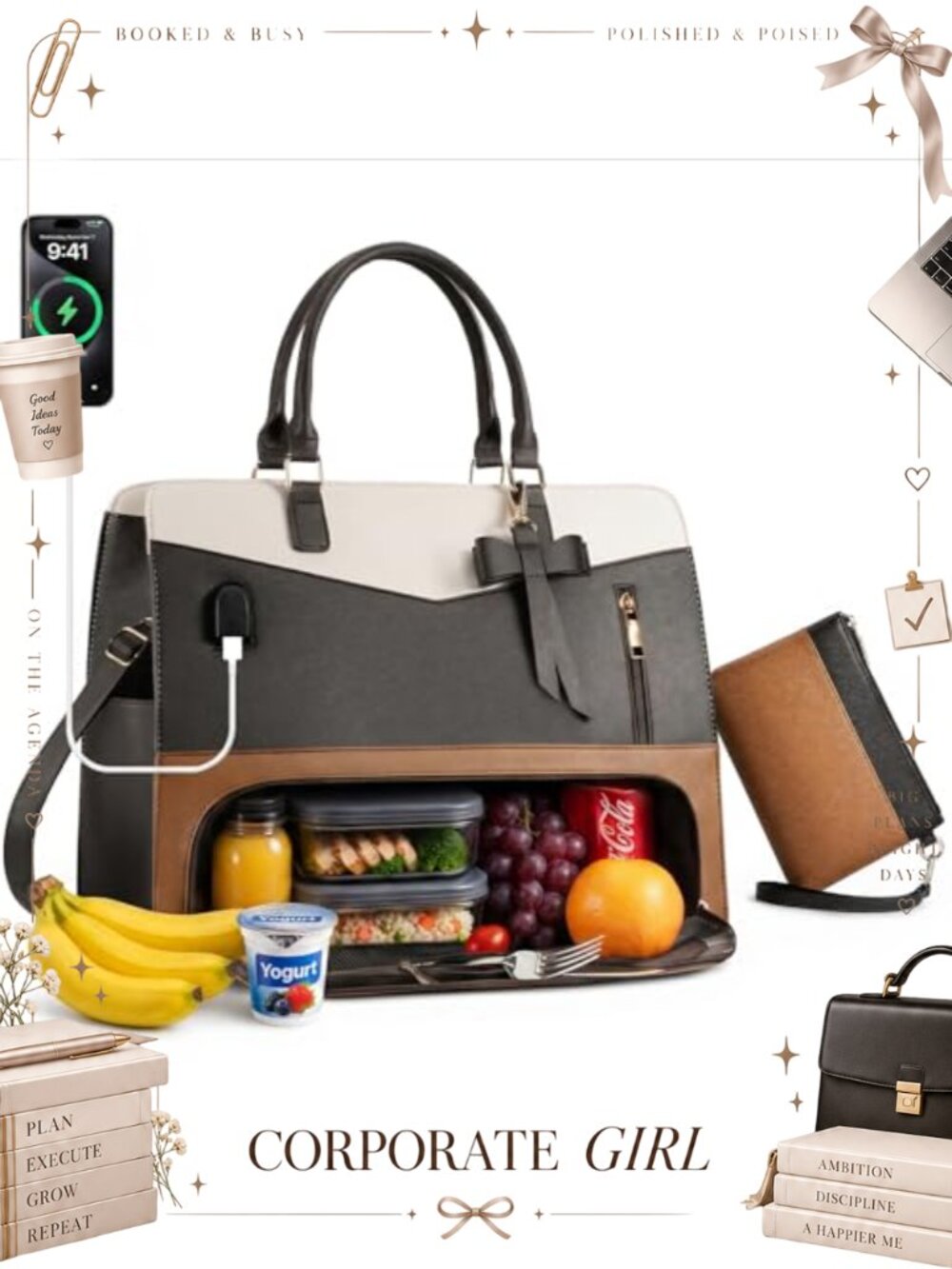 2-in-1 Insulated Lunch Tote Cooler Bag & Laptop Bag, Waterproof PU Leather,